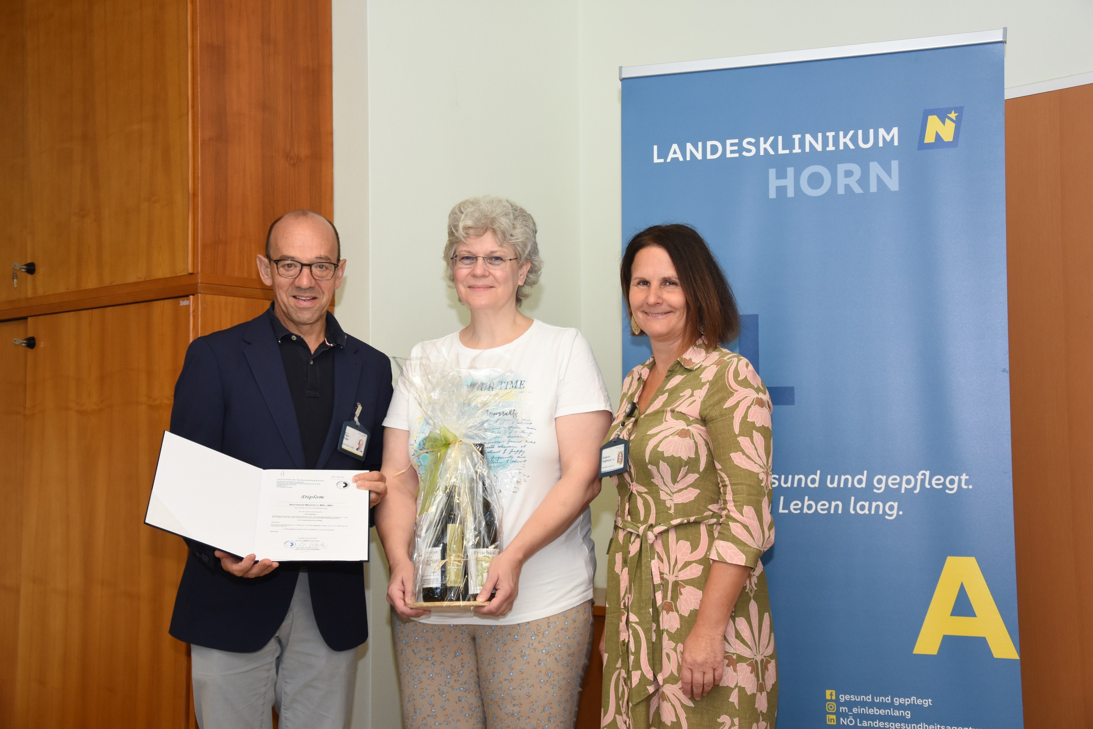 Mag. Franz Huber (Kaufmännischer Direktor LK Horn-Allentsteig), Manuela Bischinger, MSc, MSc (Pflegepädagogin an der GuKPS Horn), Susanne Anglmayer, MSc (interim. Direktorin der GuKPS Horn)