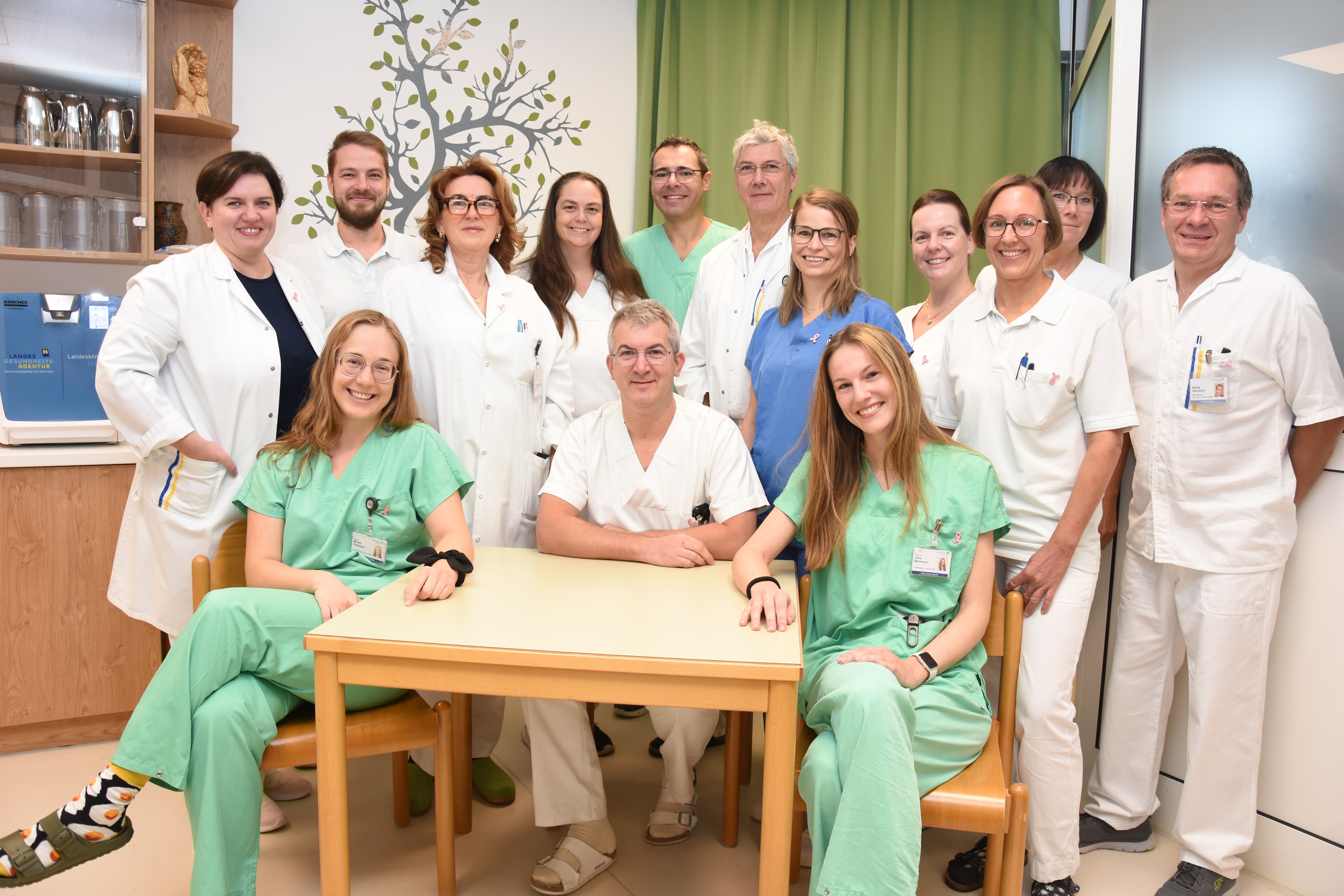 Prim. Dr. Catalin Esanu Leiter der Abteilung Frauenheilkunde und Geburtshilfe am Landesklinikum Horn (sitzend Mitte) und sein Team Ass. Dr. Miriam Frischauf, Prim. Esanu, Ass. Dr. Lena Beckmann, dahinter 2. Reihe OÄ Dr. Ruta Kosel, OÄ Dr. Emilia-Nicoleta Domocos, OÄ Dr. Bettina Wagner, DGKP Juliane Toegl (Breast Care Nurse, Wundmanagerin, Stoma- und Inkontinenzbetreuerin), DGKP Karin Henkel (Stationsleitung Gyn 1/Wochenstation), DGKP Georg Tschokert (Stationsleitung Gyn 2/Chir 2), dahinter 3. Reihe OA Dr. Ionut-Stefan Ciobanelu, OA Dr. Salvatore Giosue Grillo, OA Dr. Franz Burger, Daniela Siegl (fachlich leitende Hebamme), DGKP Petra Weidinger (Stationsleitung Geburtshilfe).